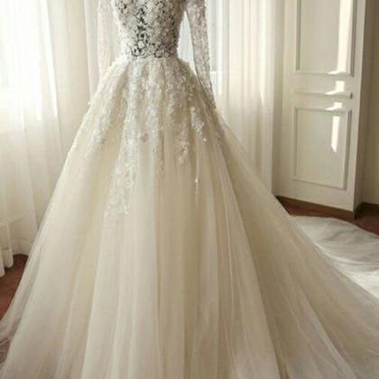 White Chiffon Lace Wedding Dress,long Sleeves..