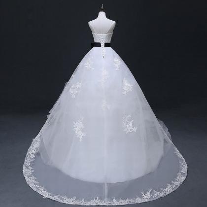 Charming White Lace Tulle With Black Bowknot Belt..