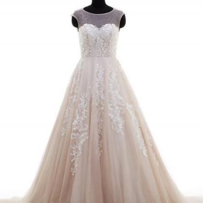 Ivory Lace Appliqued Nude Tulle Chapel Train..