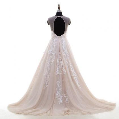 Ivory Lace Appliqued Nude Tulle Chapel Train..