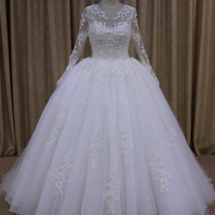 Sheer Long Sleeves White Organza Tulle Ball Gown..