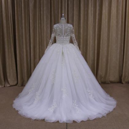 Sheer Long Sleeves White Organza Tulle Ball Gown..