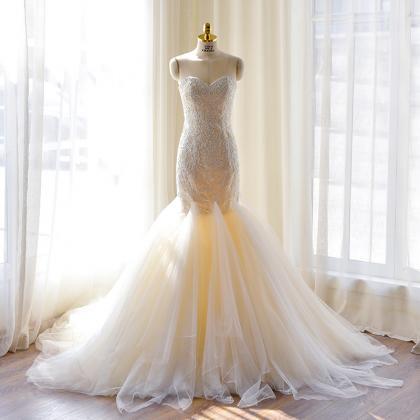 Elegant Beige Mermaid Wedding Dresses,sweetheart..