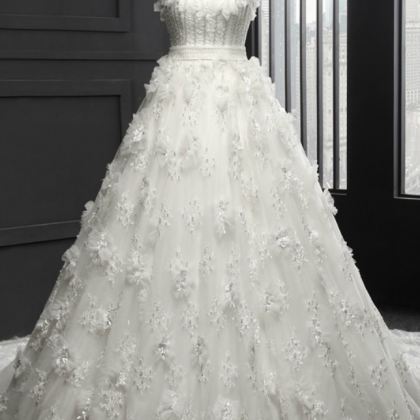Square Wedding Dress Chapel Train Tulle With Lace..