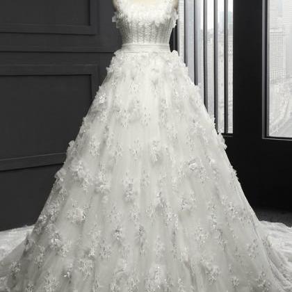 Square Wedding Dress Chapel Train Tulle With Lace..
