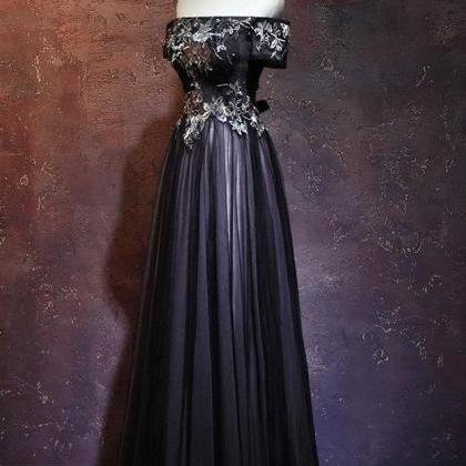 Black Tulle Lace Applique Long Prom Dress, Black..