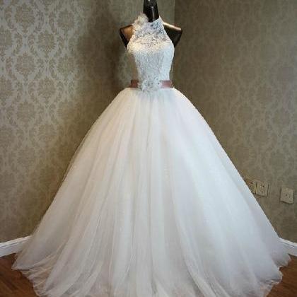 High Neck Halter Long Ball Gown Simple Lace Bridal..
