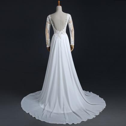 V-neck Long Sleeve A-line Wedding Dress With Lace..