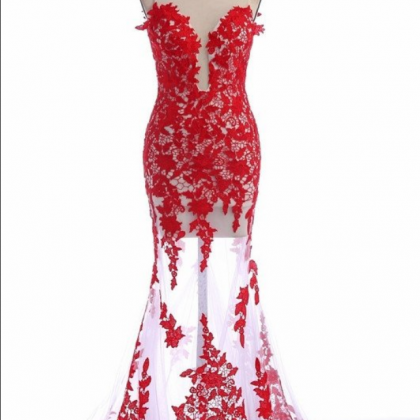 Red Lace Appliques Mermaid See-through White Tulle..
