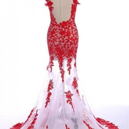 Red Lace Appliques Mermaid See-through White Tulle..