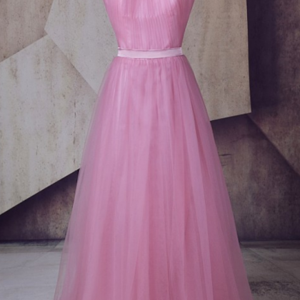 Rose Pink Cross Halter Neck Long Tulle Prom Dress,..