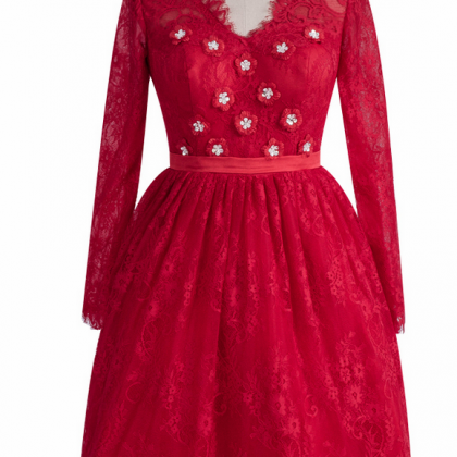 Long Sleeve Blouse Homecoming Dresses Red Dress Ah..