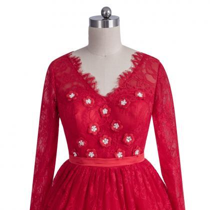 Long Sleeve Blouse Homecoming Dresses Red Dress Ah..