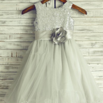 A-line Glitter Silver Sequin Dress For Little..