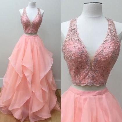Pink Two Pieces Lace Long Prom Dress, Pink Evening..