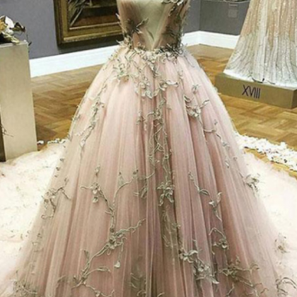 Blush Pink Tulle Long Gold Lace Appliques Evening..