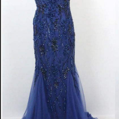 Navy Halter Beaded Mermaid Ruffles Long Formal Dress