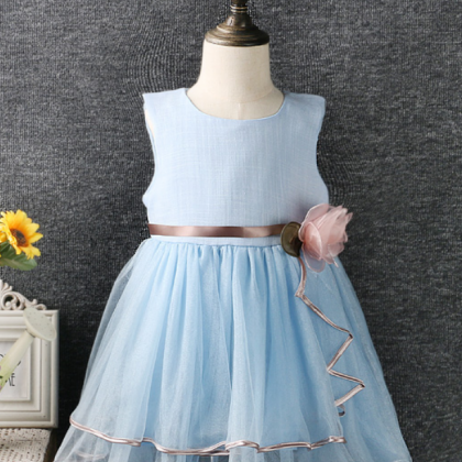 In Stock Blue Cotton Tulle Organza Flower Girl..