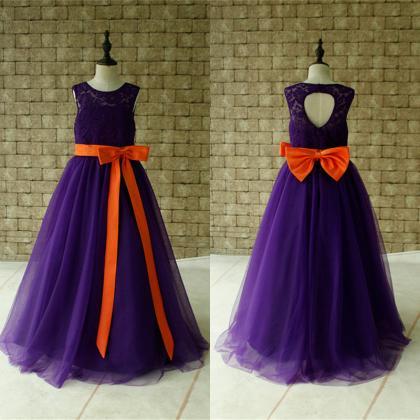 Purple Lace Flower Girl Dress Floor Length With..