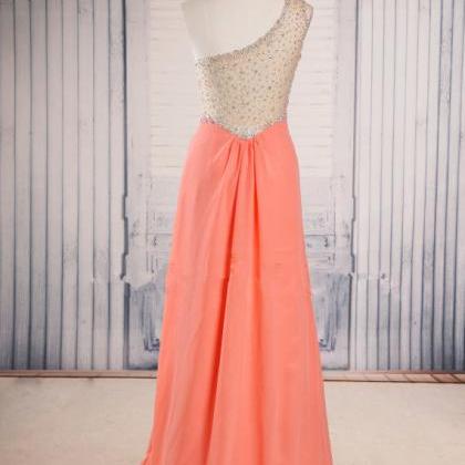 One-shoulder Coral Chiffon A-line Floor-length..