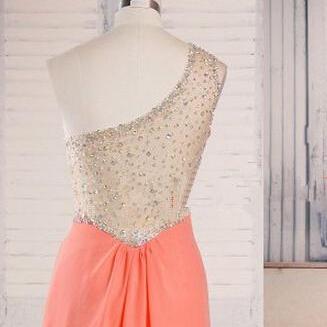 One-shoulder Coral Chiffon A-line Floor-length..