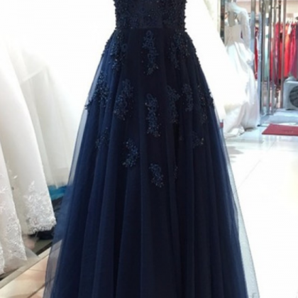 Elegant Navy Blue Tulle Backless Floor Length Prom..