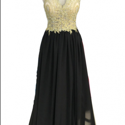 Gold Lace Appliqued Black Chiffon Prom..
