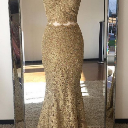 Two-piece Gold Sleeveless Lace Mermaid Long Prom..