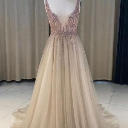 Sexy Beading Long Prom Dress, Sparkly Beaded Tulle..