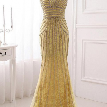 V-neck Beaded Lace Mermaid Long Prom Dress,..