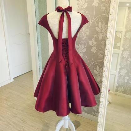 Burgundy Satin Short Prom Dresses With Cap Sleeves..