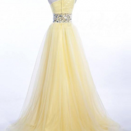 Yellow One-shoulder Tulle Long Prom Dress With..