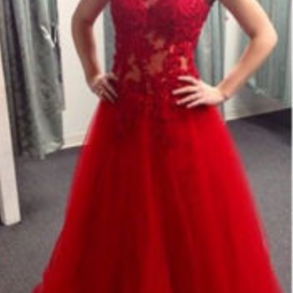 Red Appliques Lace Long A-line Tulle Prom Dresses C11