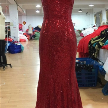 Shining Sequin Lace Red Prom Dresses Spaghetti..