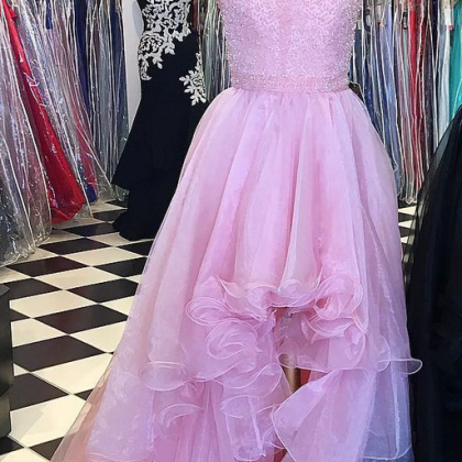 Pink Prom Dress, High Low Prom Dress, Beaded Prom..
