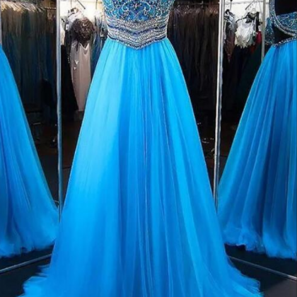 A-line Blue Tulle Prom Gown,princess Jewel..