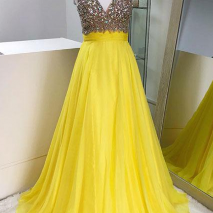 Yellow V Neck Chiffon Beaded Long Prom Dress,..