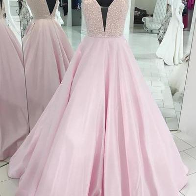 Stylish Pink V Neck Prom Dresses,beaded Long..