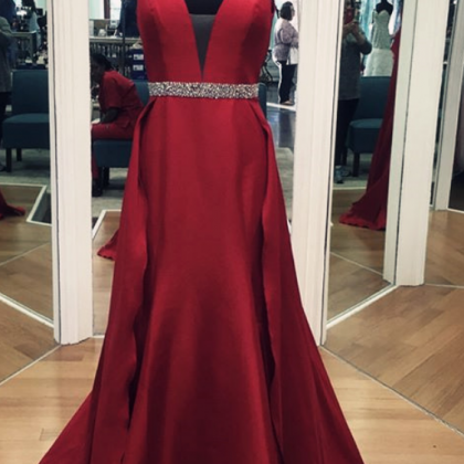 Red V Neck Long Prom Dress With Bow, Red Evening..