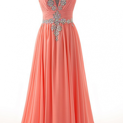 Pink Chiffon Lace Prom Dress,v-neckline Floor..