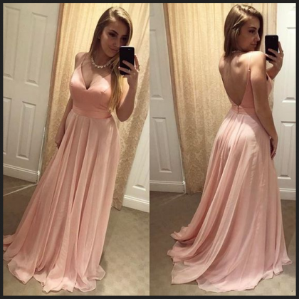 Pink Chiffon Prom Dress,spaghetti Straps Prom..