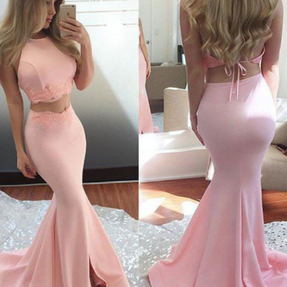 Pink Prom Dress,two Piece Prom Dress,halter Prom..