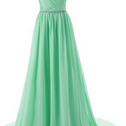 Green Sleeveless Crystal Beaded A-line Prom..