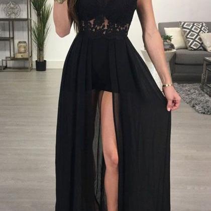 Sexy Long Black Prom Dresses With Appliques Shorts