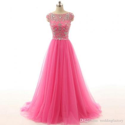 Luxury Prom Dressess Pink Sheer Bateau Neck Capped..
