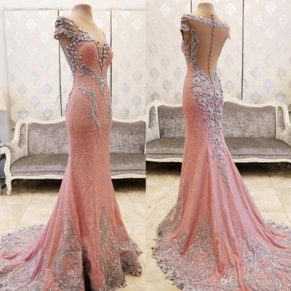 Lace Crystals Beaded Pink Prom Dres..