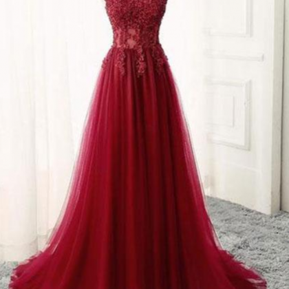 Burgundy V Neck Satin Lace Long Prom Evening Dress