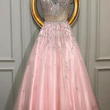 Pink V Neck Beads Long Prom Dress, Pink Evening..