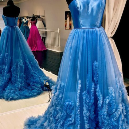 Strapless Blue Tulle Long Prom Dress, Pretty..