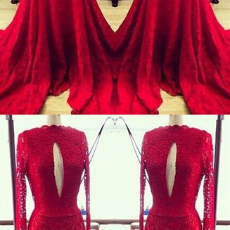 Red Long Sleeves Cut Out Lace Prom Dresses Mermaid..